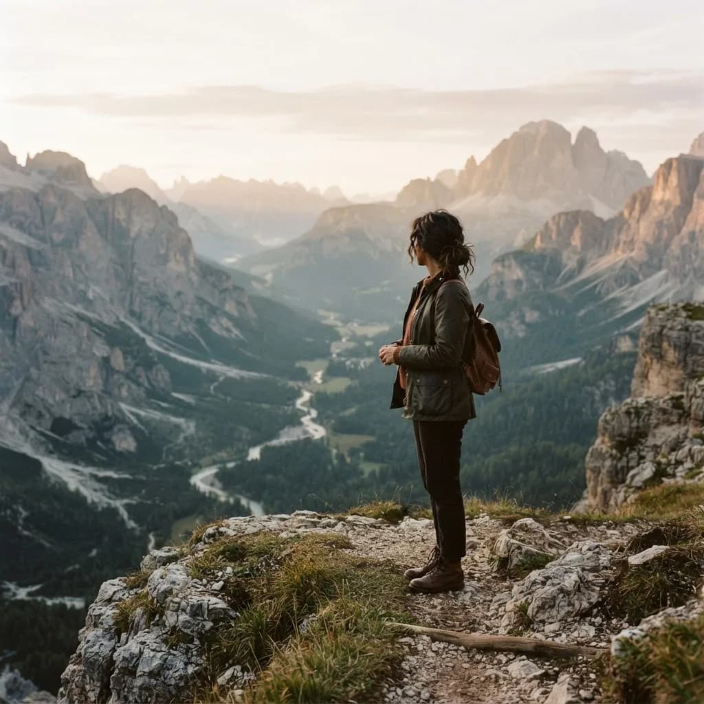 A traveler at the edge of a mountain valley in the morning