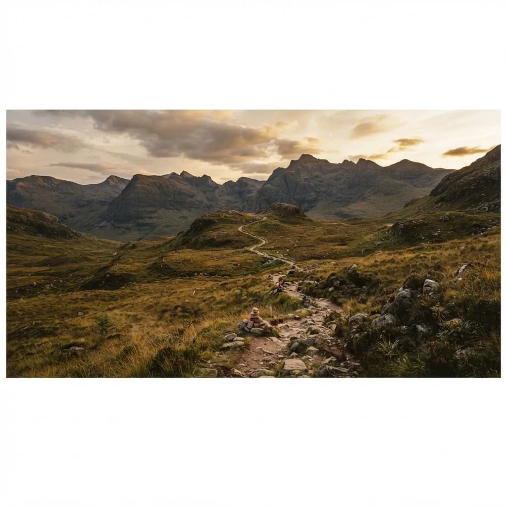 A trail winding through wilderness at golden hour